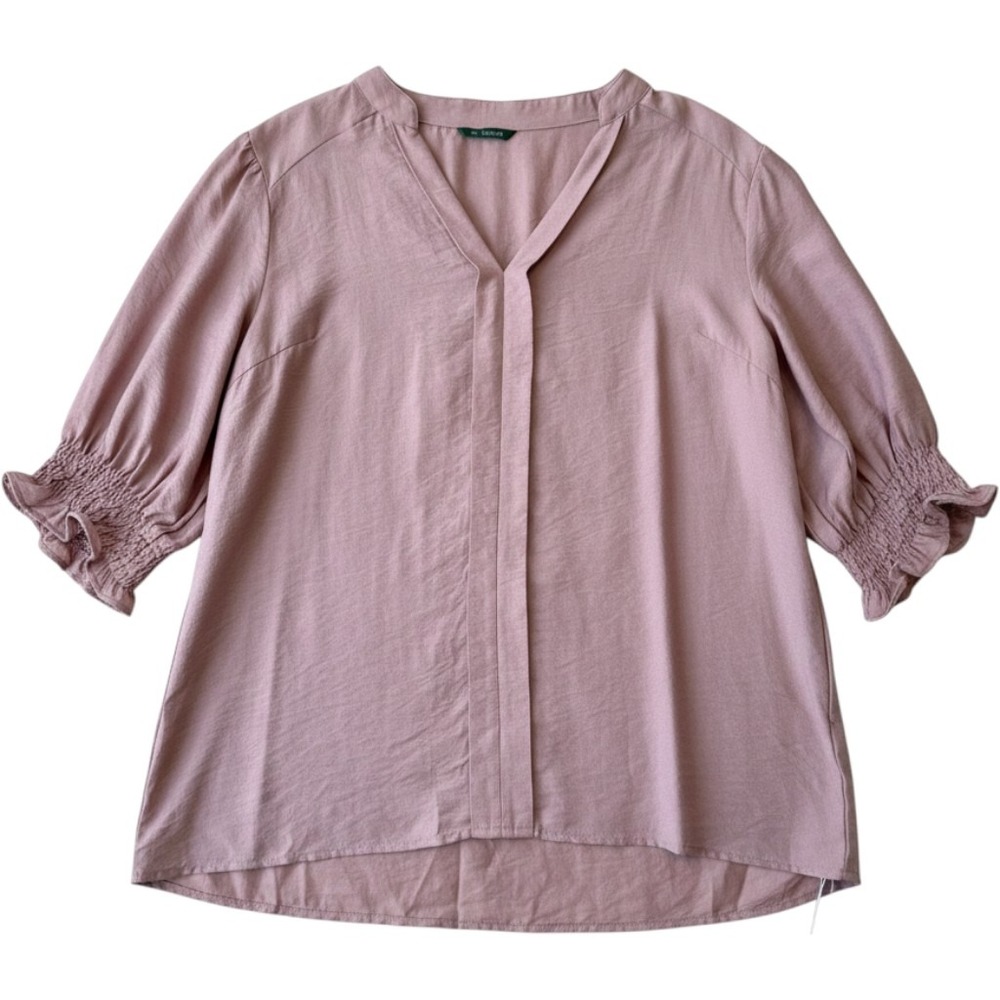 Halara Blouse XL Romantic Pink Split Neck Smocked Ruffle Sleeve Top Feminine NWT